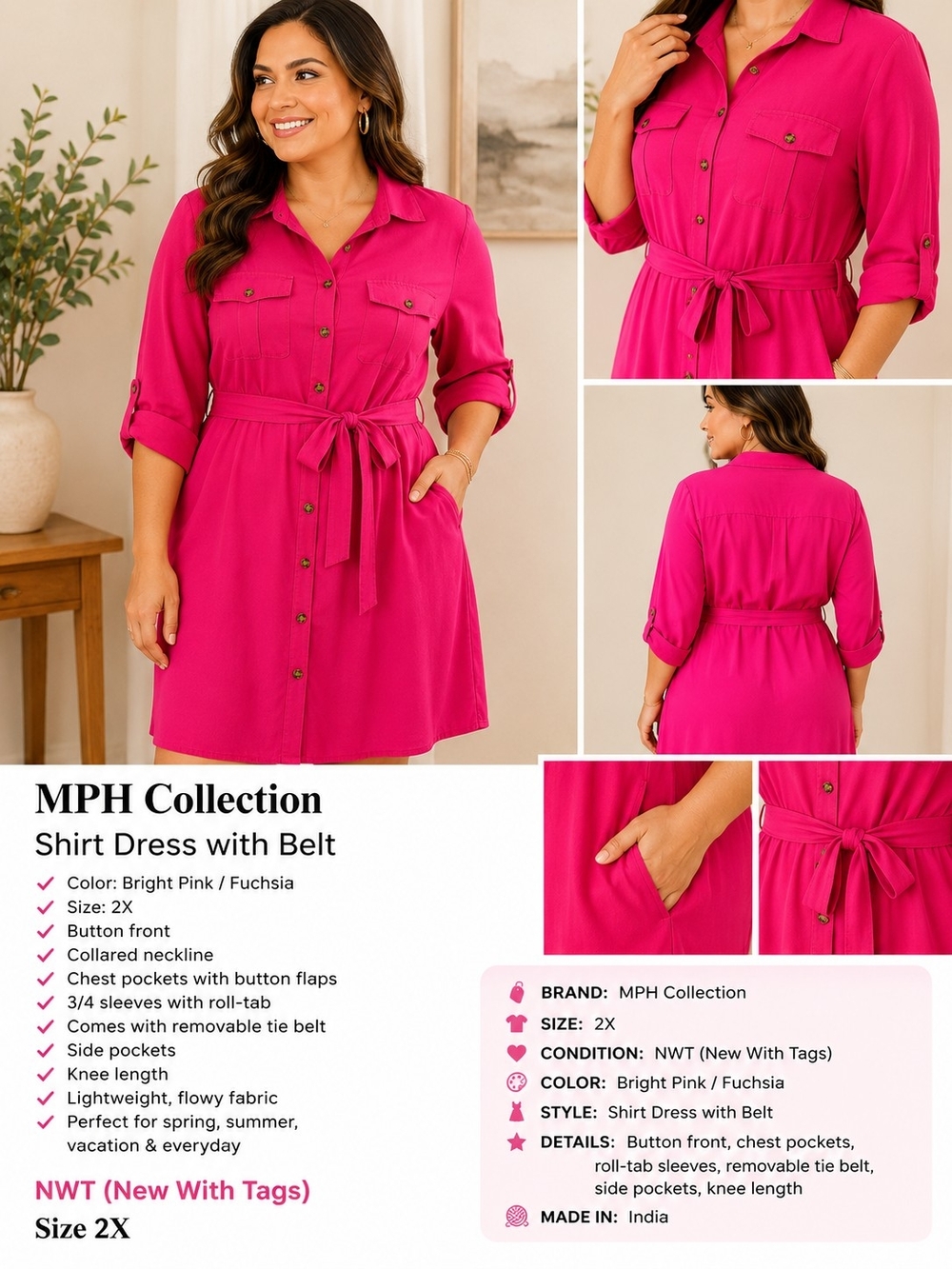 MPH Collection Bright Pink Button-Front Shirt Dress with Belt - Plus 2X